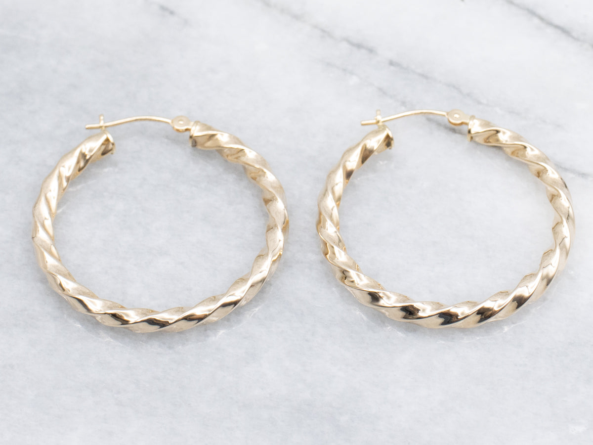 Twisted Yellow Gold Tube Hoop Earrings