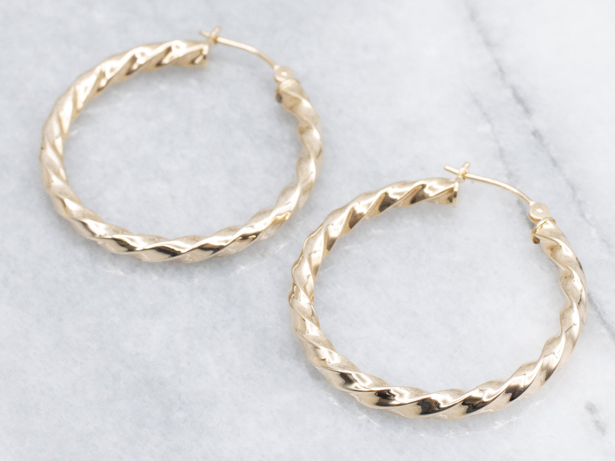 Twisted Yellow Gold Tube Hoop Earrings