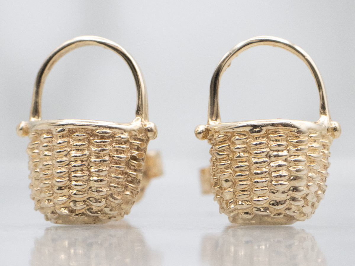 Woven Basket Yellow Gold Stud Earrings