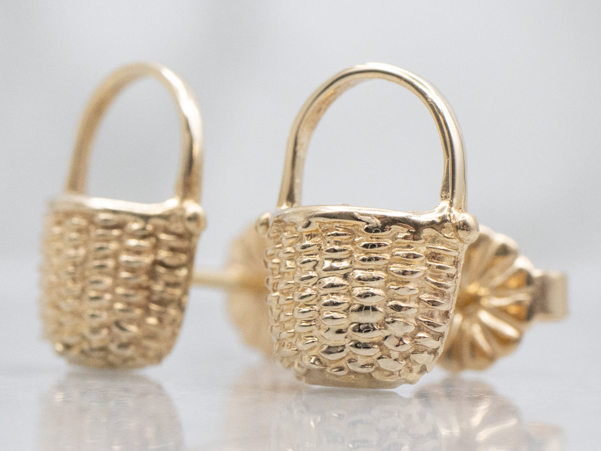 Woven Basket Yellow Gold Stud Earrings
