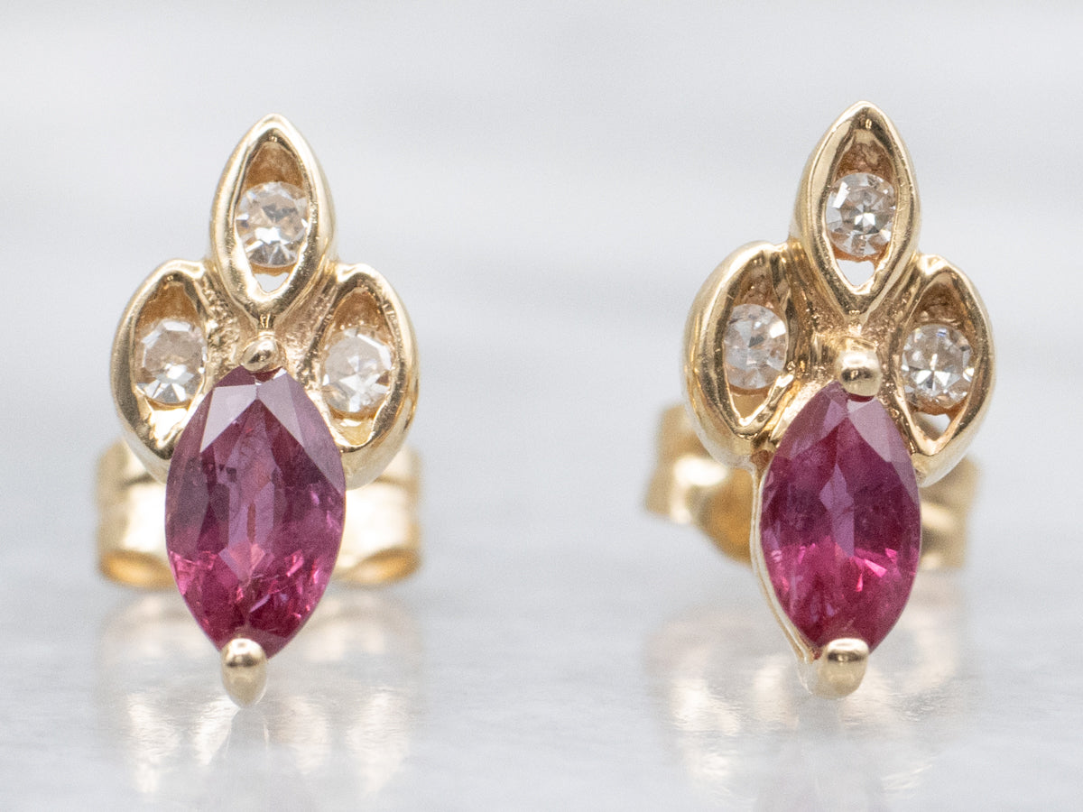 Marquise-Cut Ruby and Diamond Yellow Gold Stud Earrings