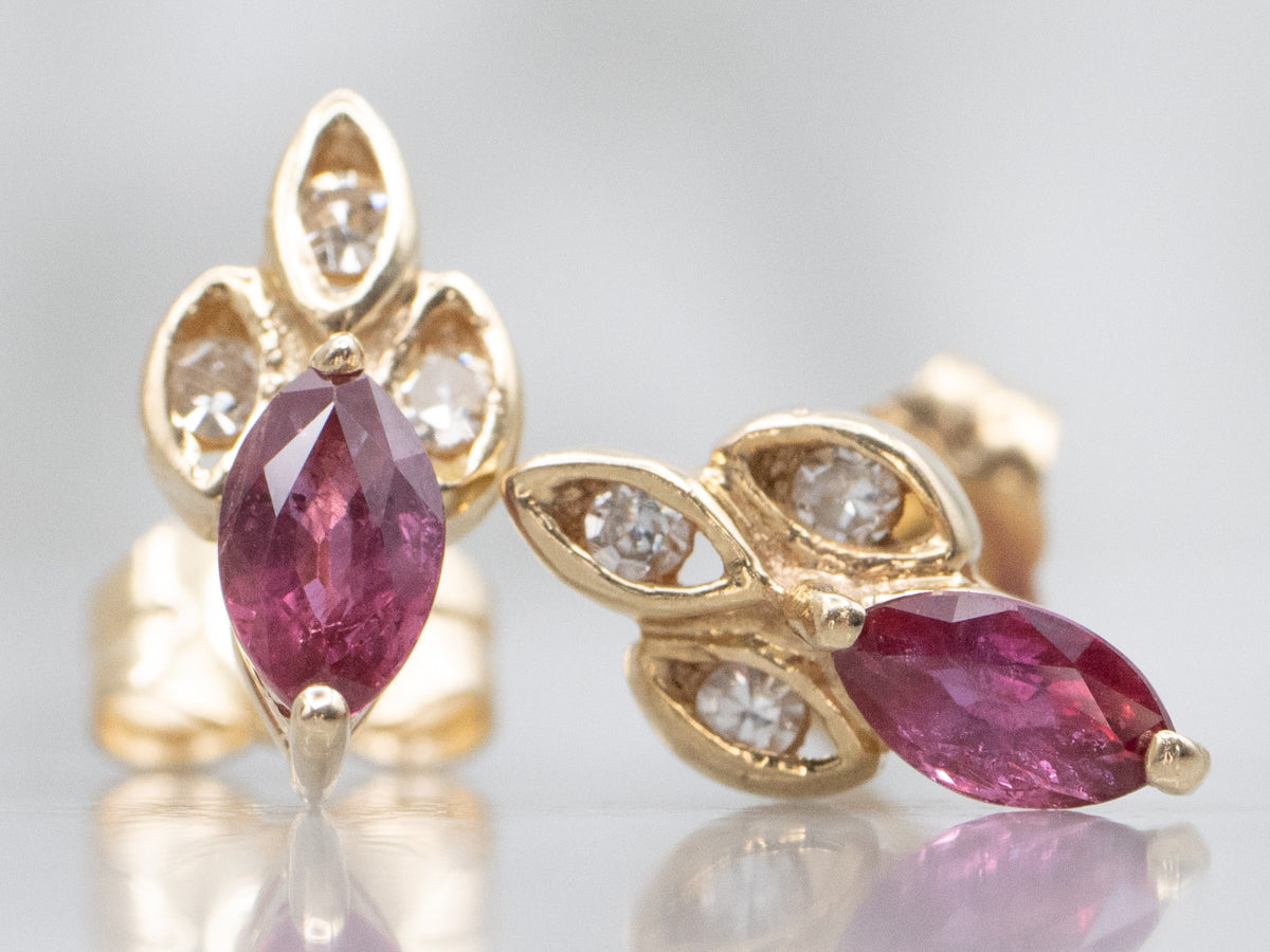 Marquise-Cut Ruby and Diamond Yellow Gold Stud Earrings