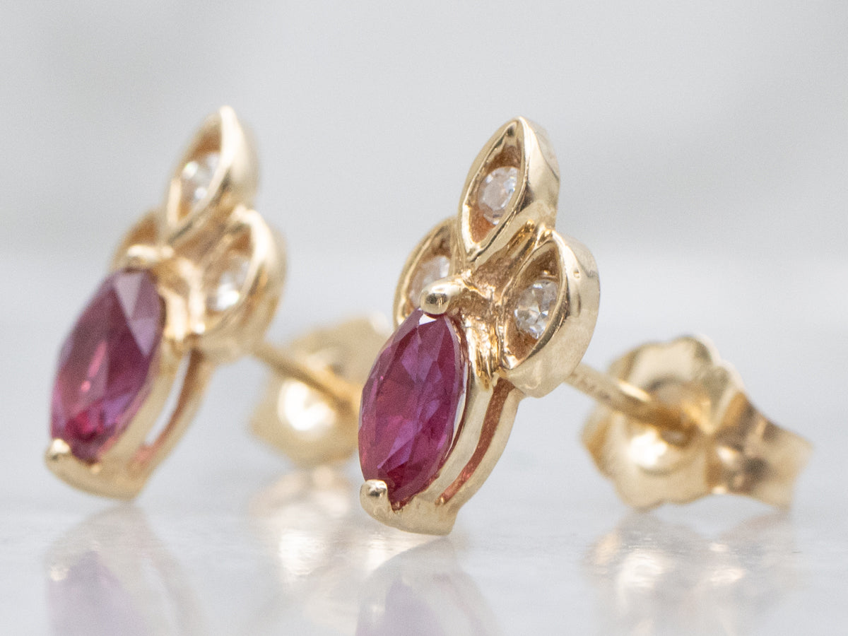 Marquise-Cut Ruby and Diamond Yellow Gold Stud Earrings