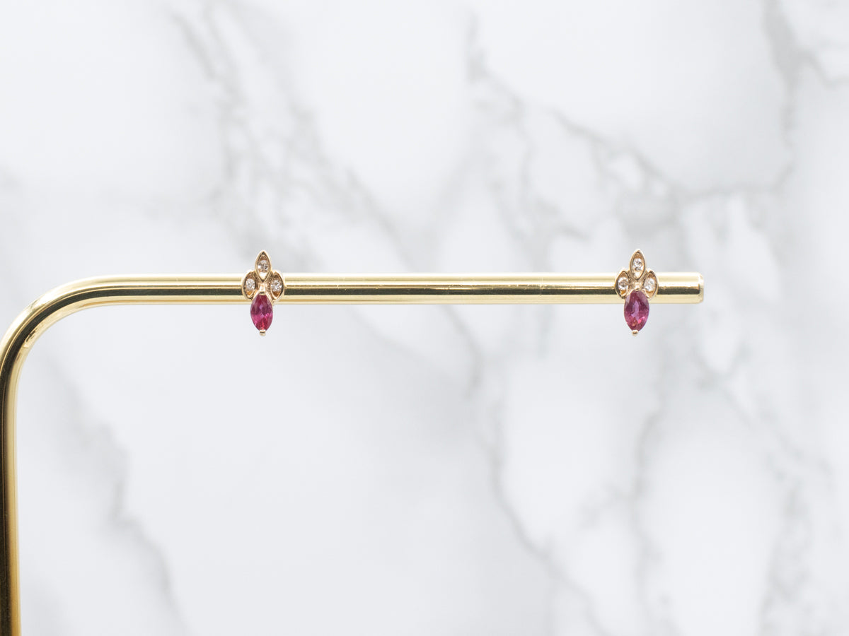 Marquise-Cut Ruby and Diamond Yellow Gold Stud Earrings