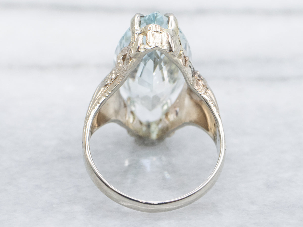 Antique Hand-Engraved Floral Ring with Marquise Blue Topaz