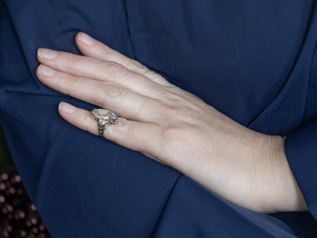 Antique Hand-Engraved Floral Ring with Marquise Blue Topaz