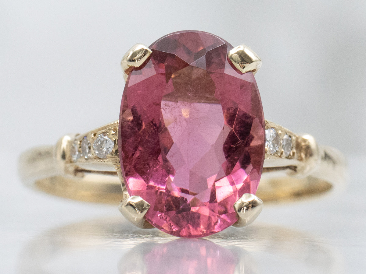 Pink Tourmaline and Diamond Yellow Gold Ring
