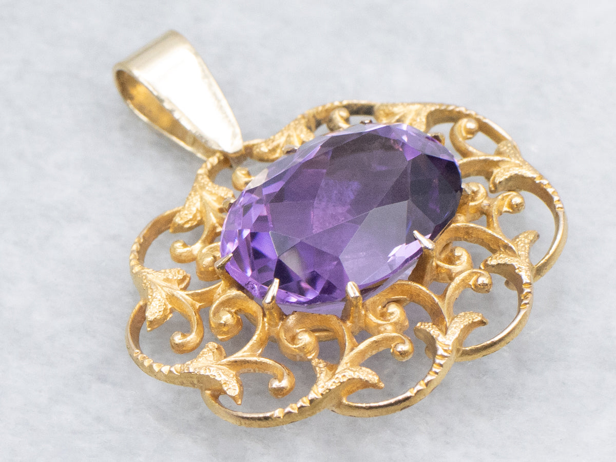 Ornate Amethyst and Scrolling Gold Filigree Pendant