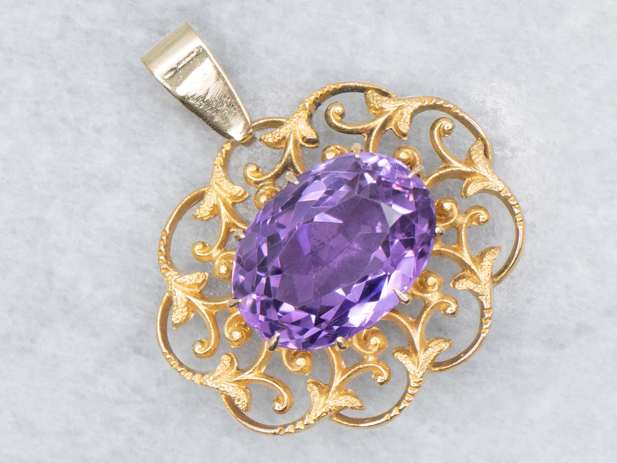 Ornate Amethyst and Scrolling Gold Filigree Pendant