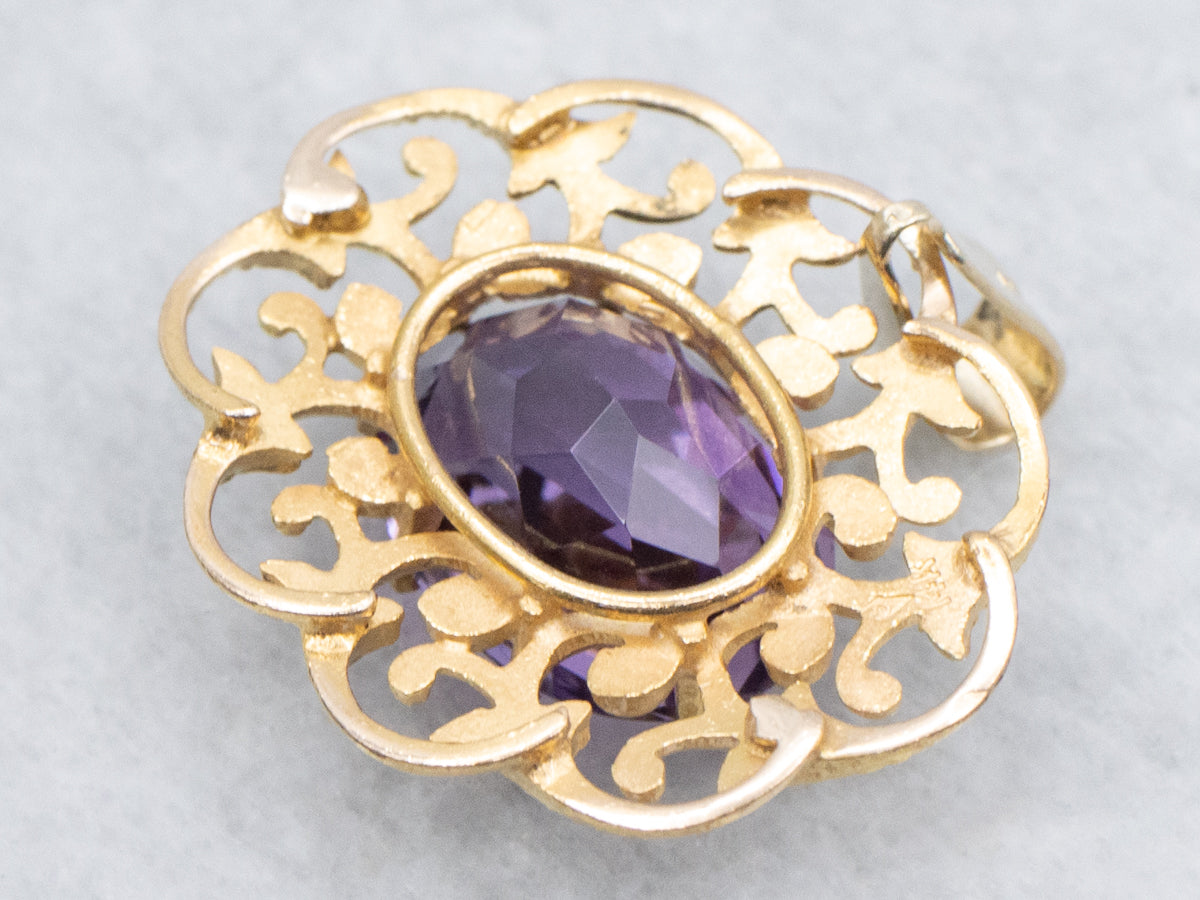 Ornate Amethyst and Scrolling Gold Filigree Pendant
