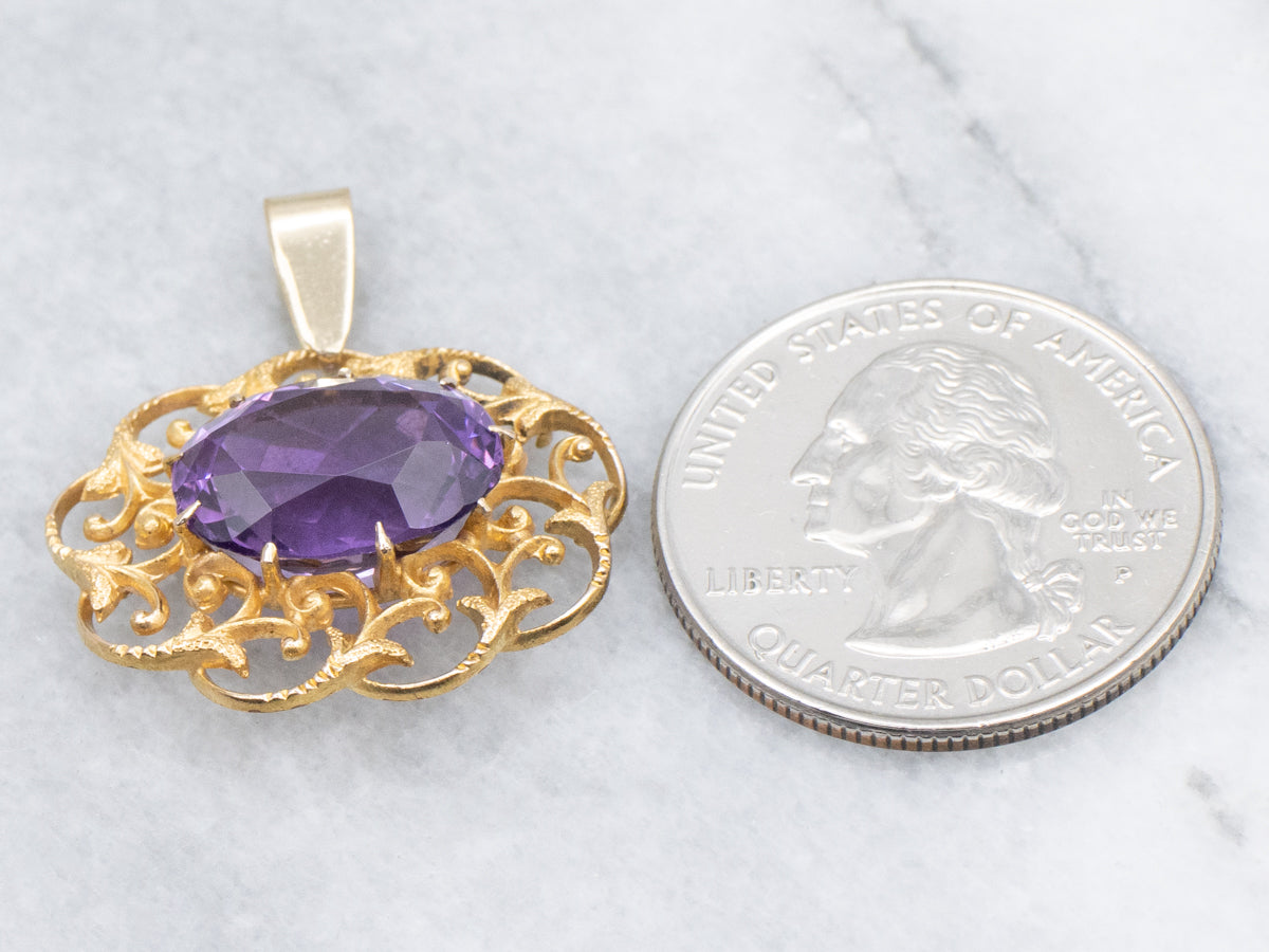 Ornate Amethyst and Scrolling Gold Filigree Pendant