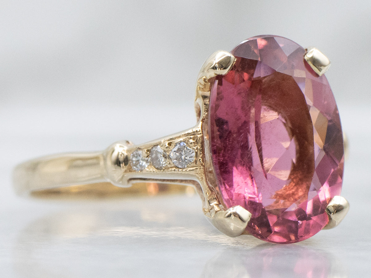 Pink Tourmaline and Diamond Yellow Gold Ring