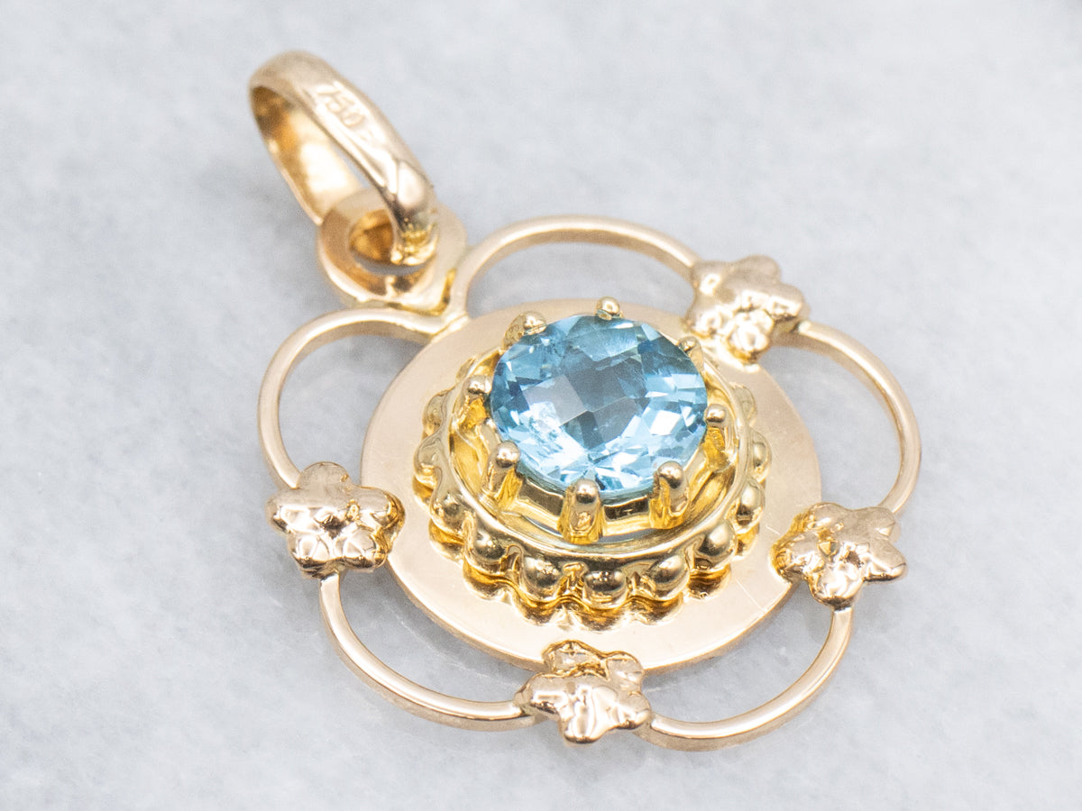 Round-Cut Blue Topaz Floral Yellow Gold Pendant