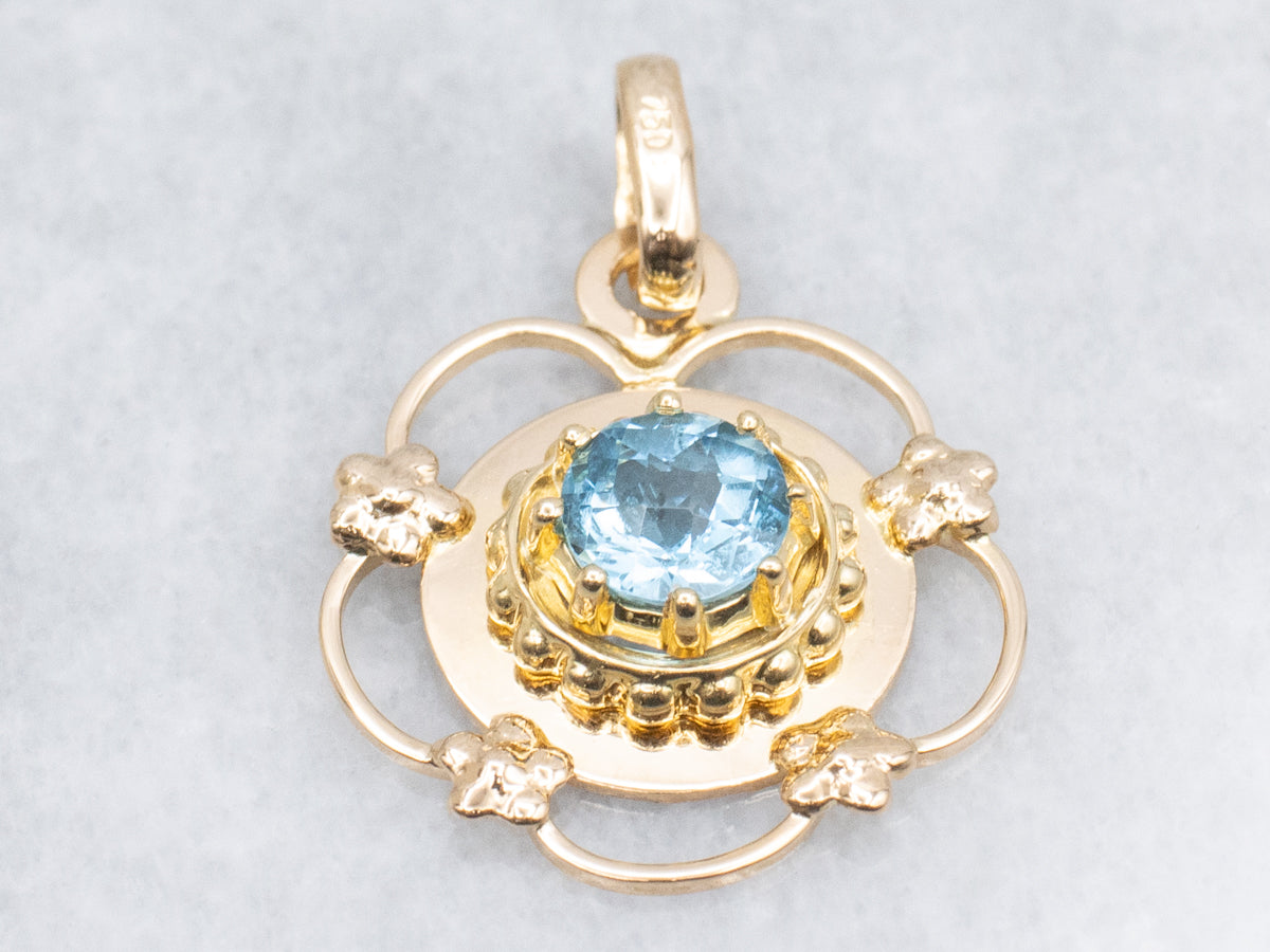 Round-Cut Blue Topaz Floral Yellow Gold Pendant