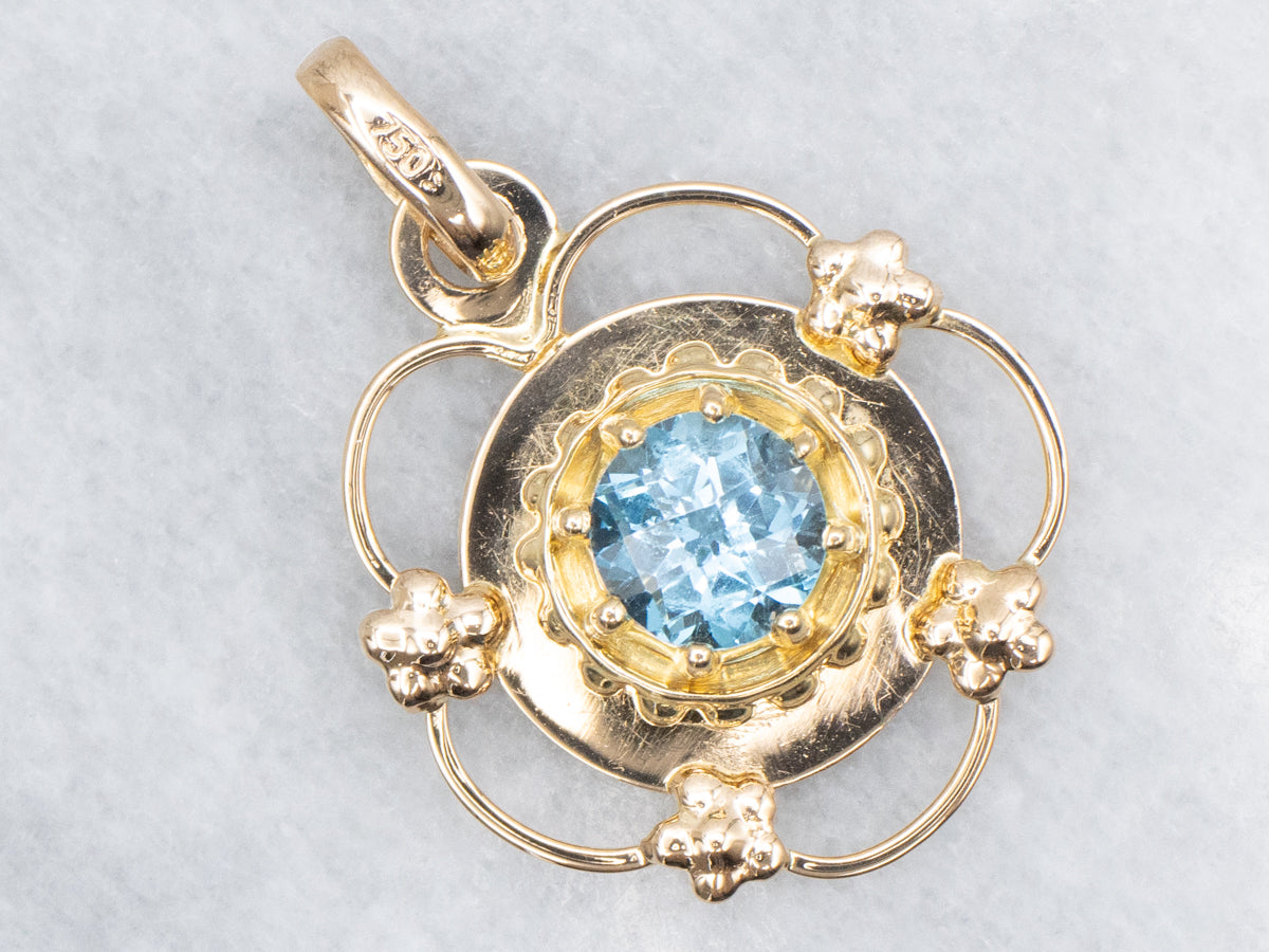 Round-Cut Blue Topaz Floral Yellow Gold Pendant