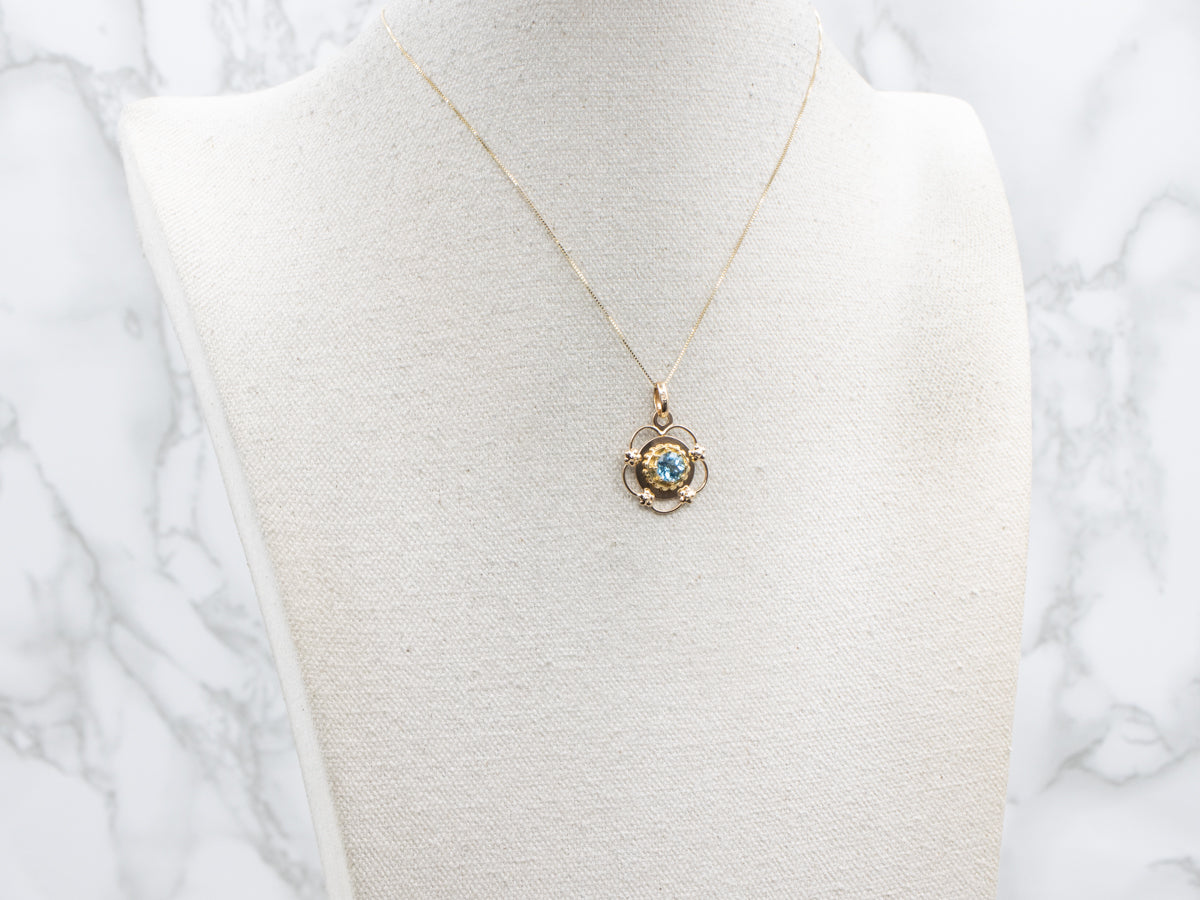 Round-Cut Blue Topaz Floral Yellow Gold Pendant