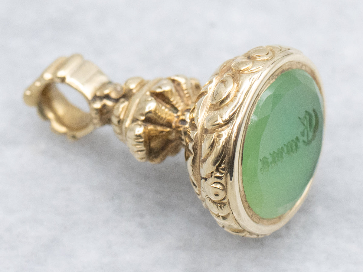 Antique Gold "Emma" Engraved Chrysoprase Etched Fob Pendant