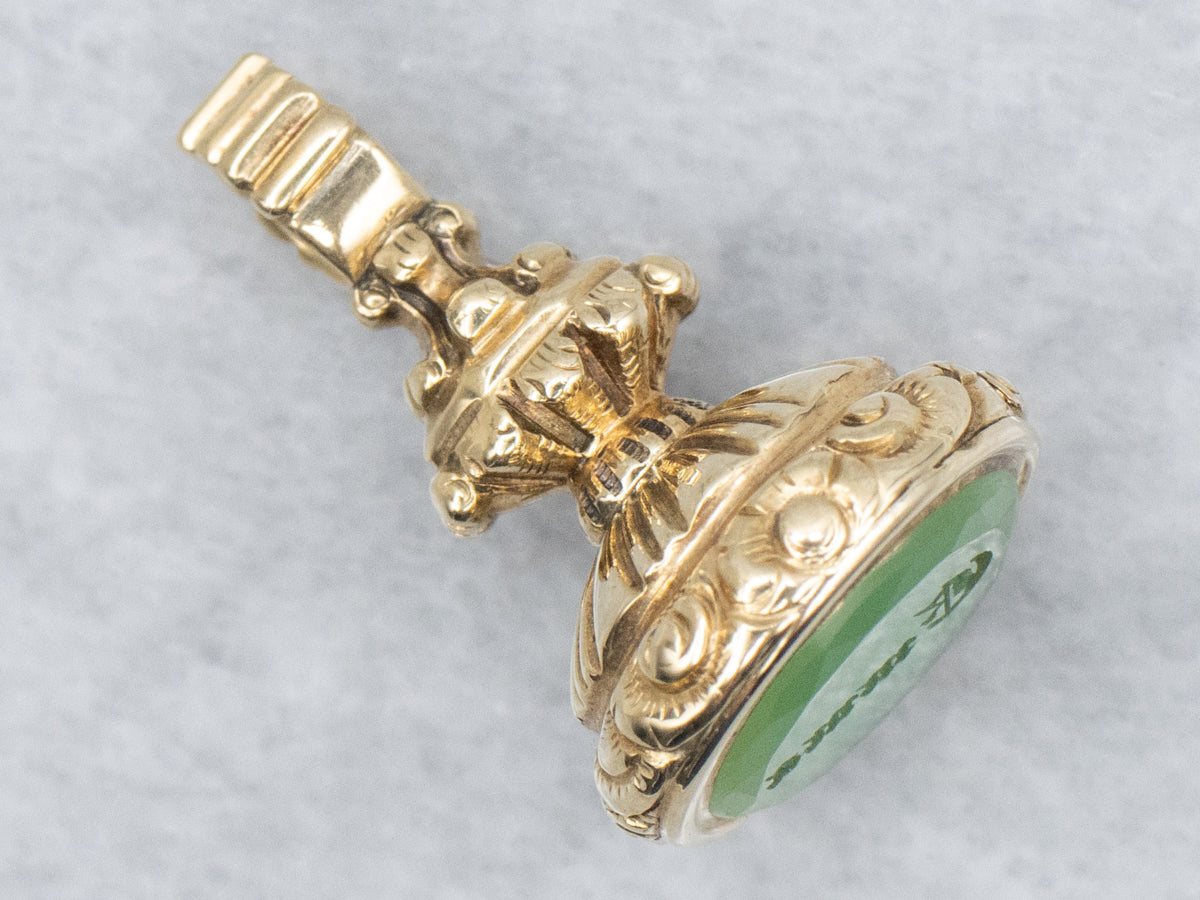 Antique Gold "Emma" Engraved Chrysoprase Etched Fob Pendant