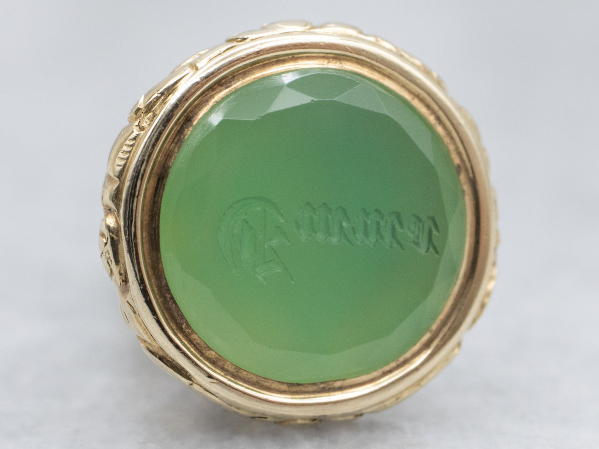 Antique Gold "Emma" Engraved Chrysoprase Etched Fob Pendant