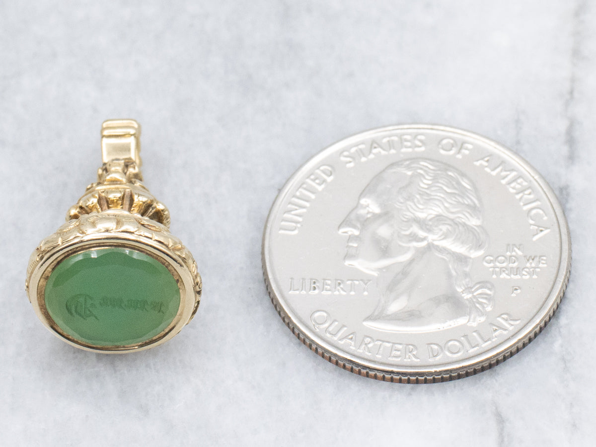 Antique Gold "Emma" Engraved Chrysoprase Etched Fob Pendant