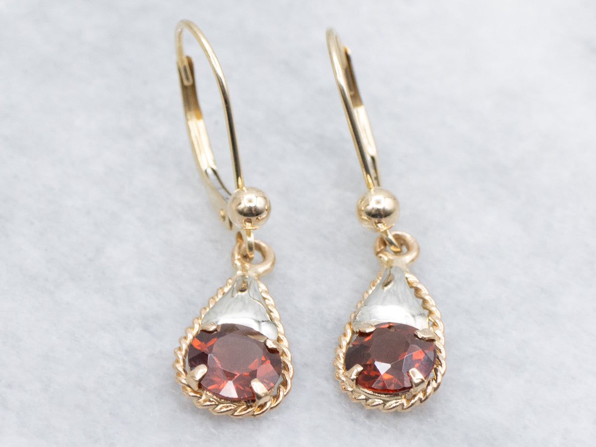 Round Cut Garnet Rope Twist Two Tone Drop Earrings