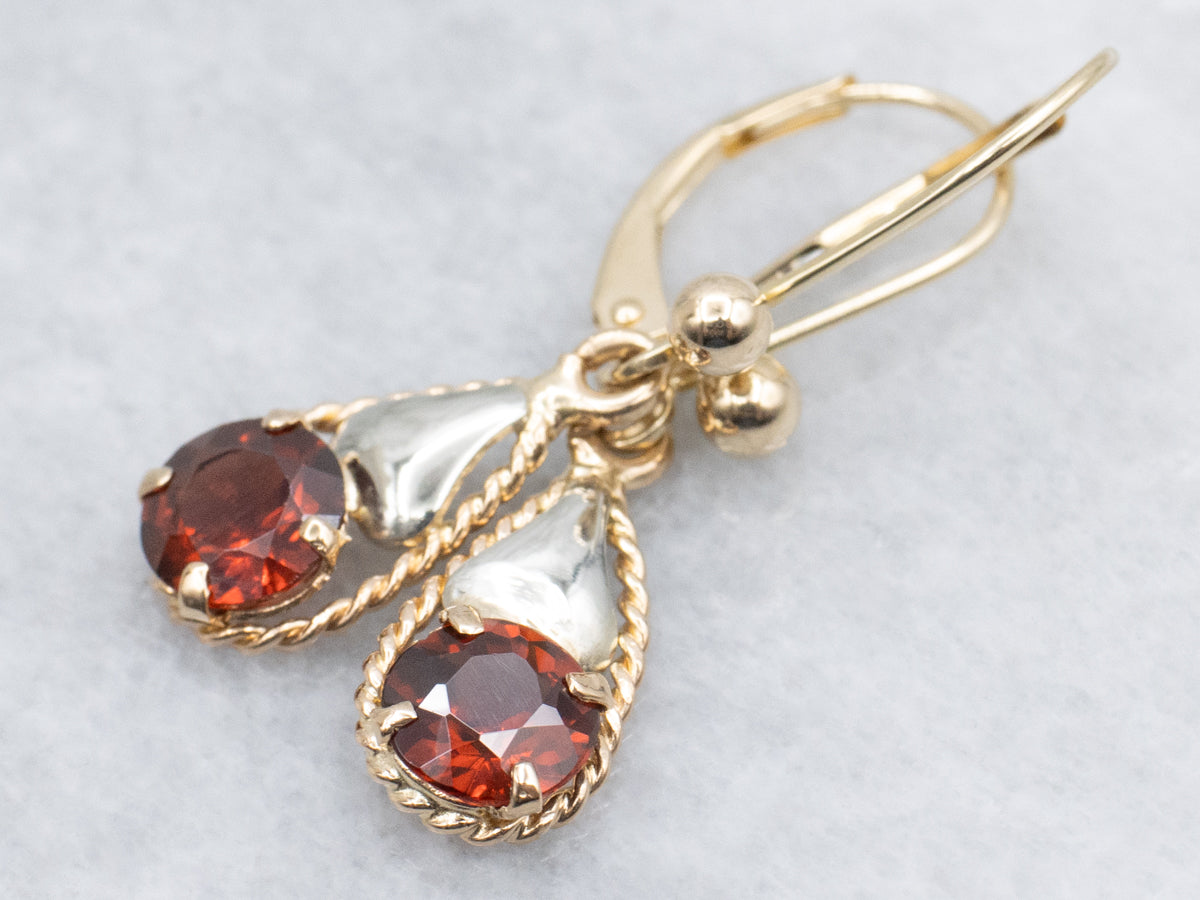 Round Cut Garnet Rope Twist Two Tone Drop Earrings