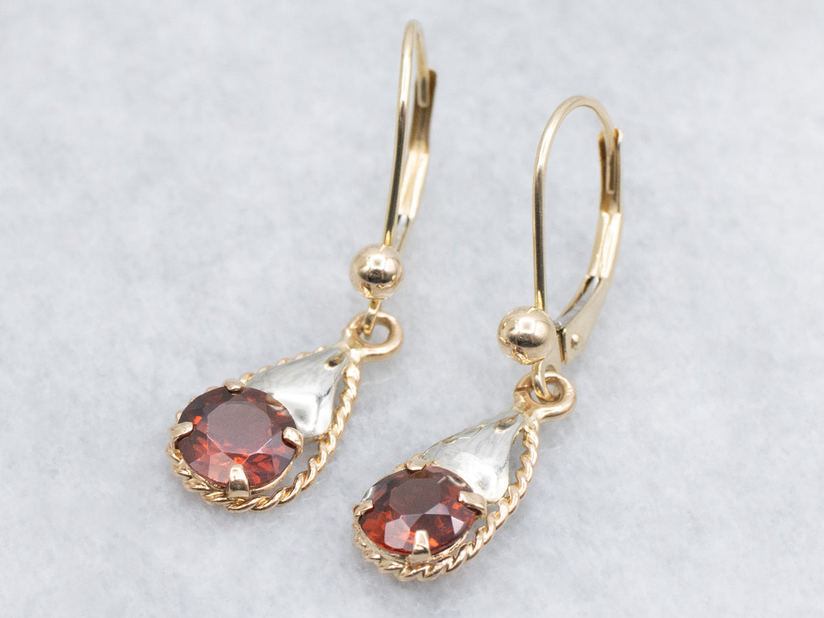 Round Cut Garnet Rope Twist Two Tone Drop Earrings