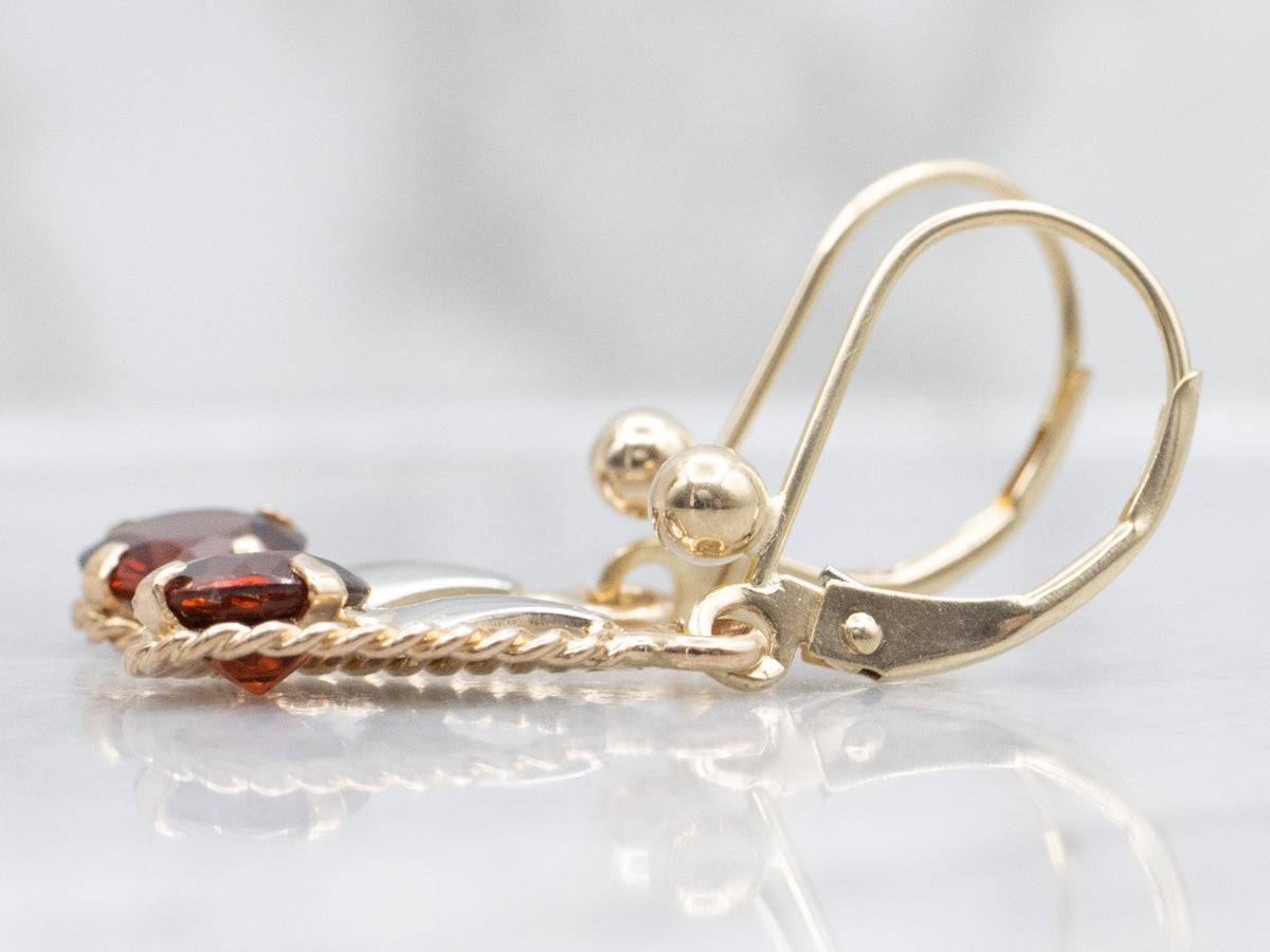Round Cut Garnet Rope Twist Two Tone Drop Earrings