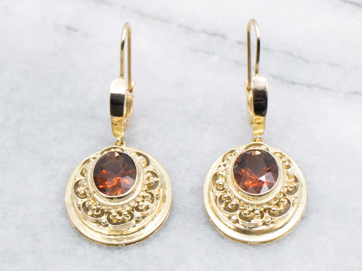 Deep Orange Citrine Ornate Gold Drop Earrings