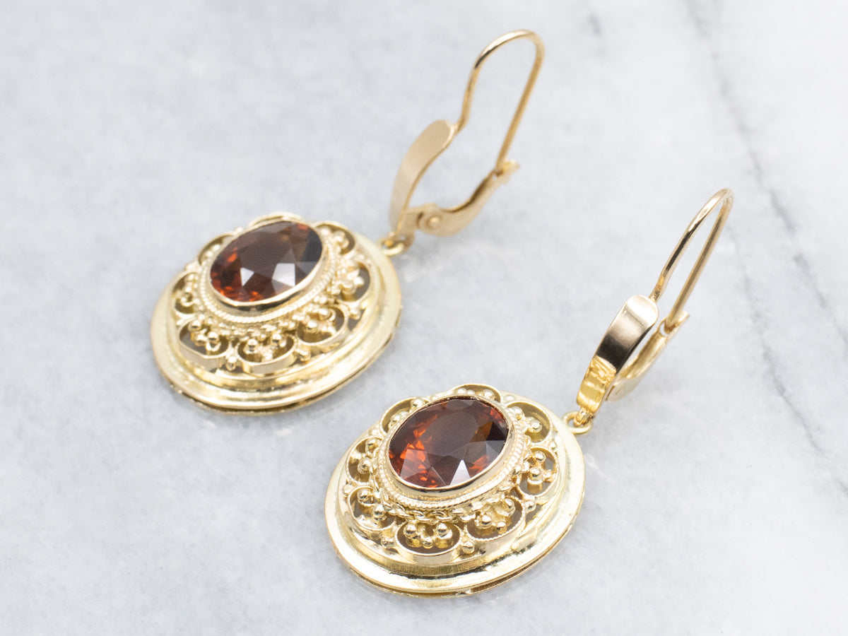 Deep Orange Citrine Ornate Gold Drop Earrings