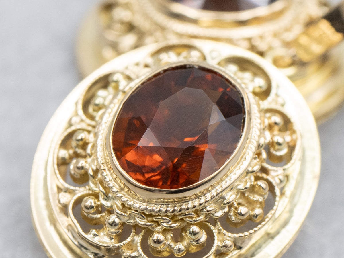 Deep Orange Citrine Ornate Gold Drop Earrings