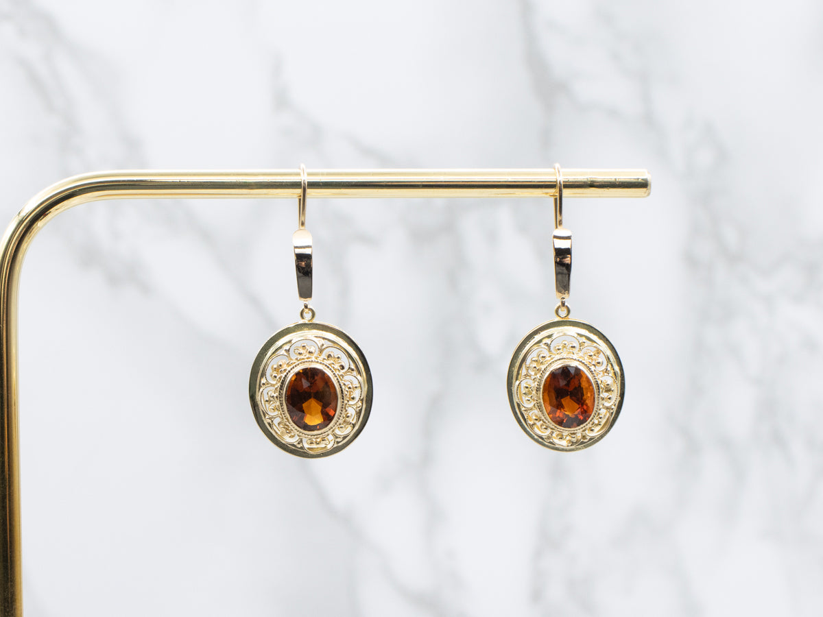 Deep Orange Citrine Ornate Gold Drop Earrings
