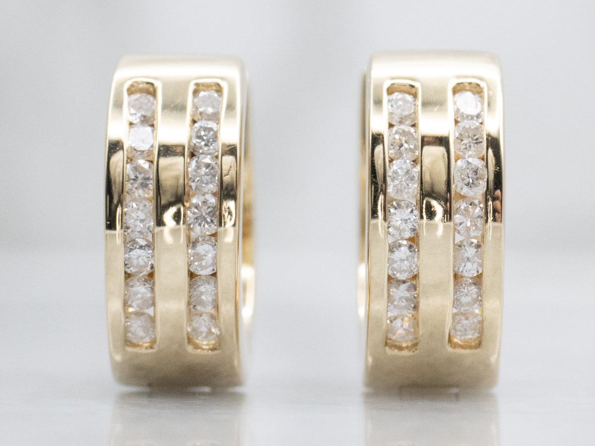 Double Row Channel-Set Diamond Sweetheart Gold Hoop Earrings