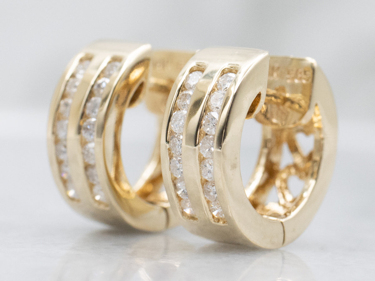 Double Row Channel-Set Diamond Sweetheart Gold Hoop Earrings