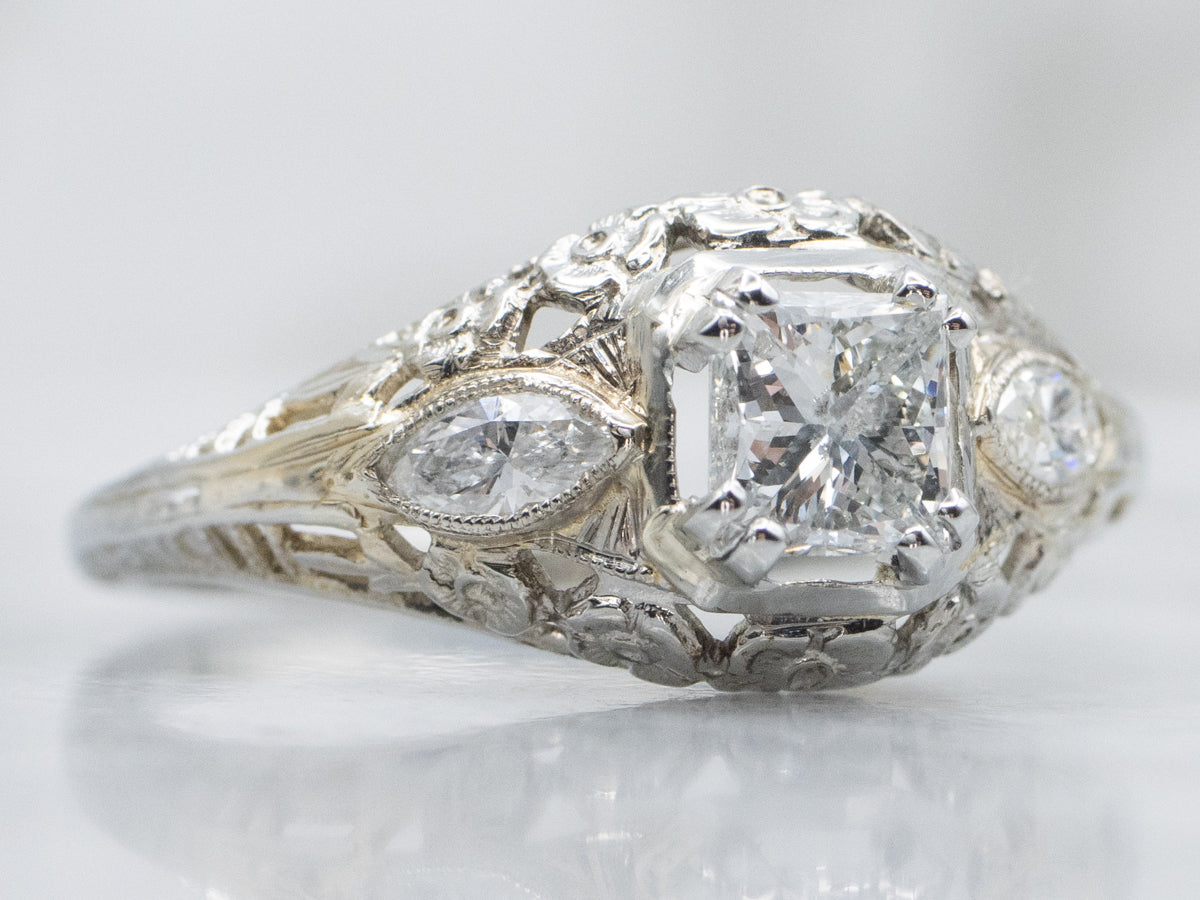 Mixed-Cut Art Deco Floral Diamond Engagement Ring