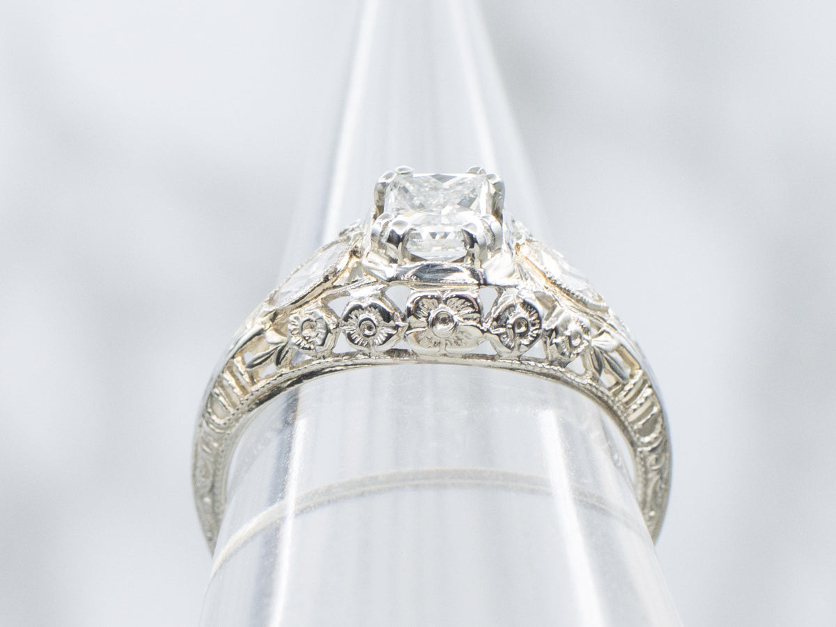 Mixed-Cut Art Deco Floral Diamond Engagement Ring