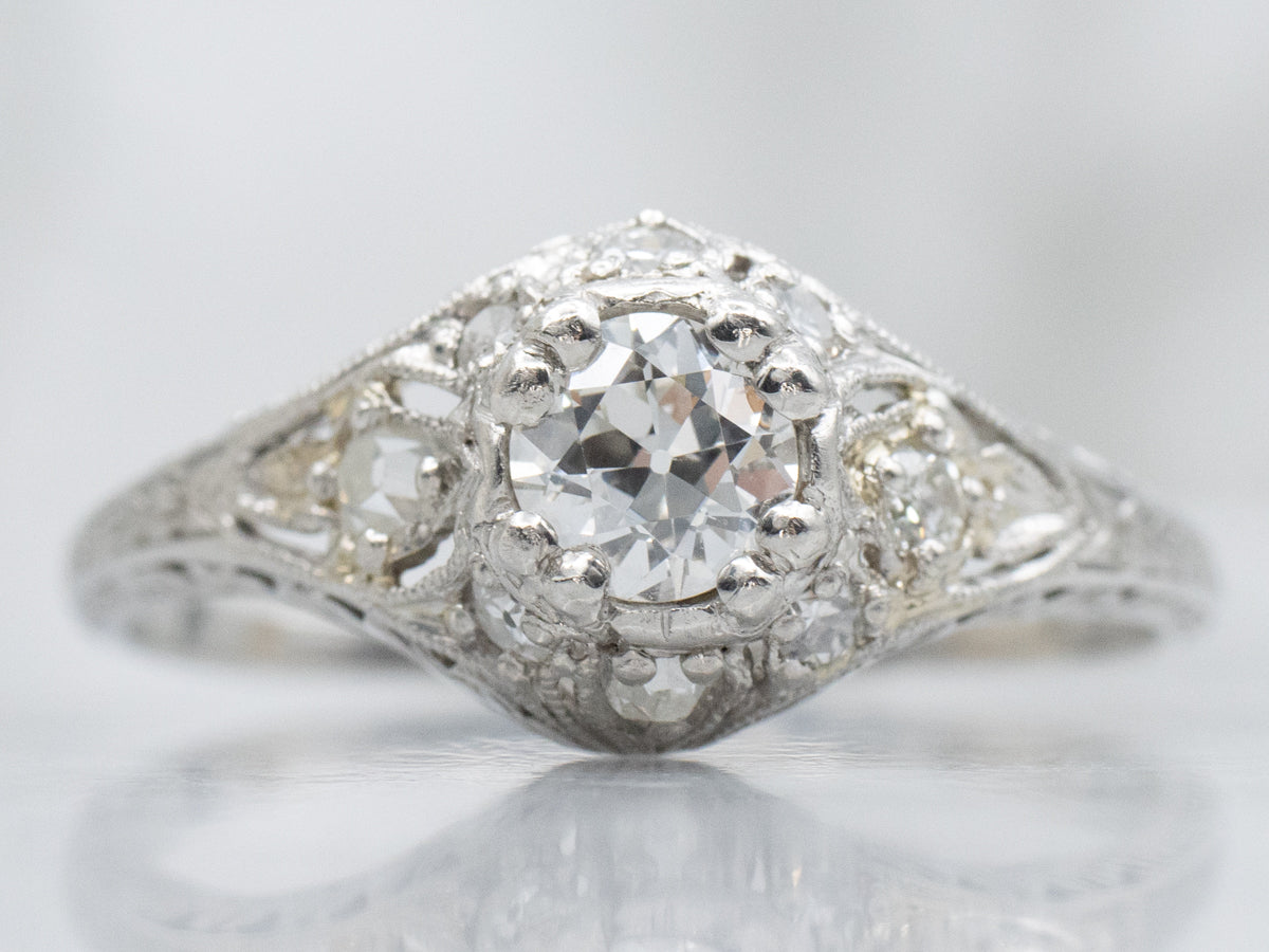 Antique Platinum and Old Mine Cut Diamond Engagement Ring