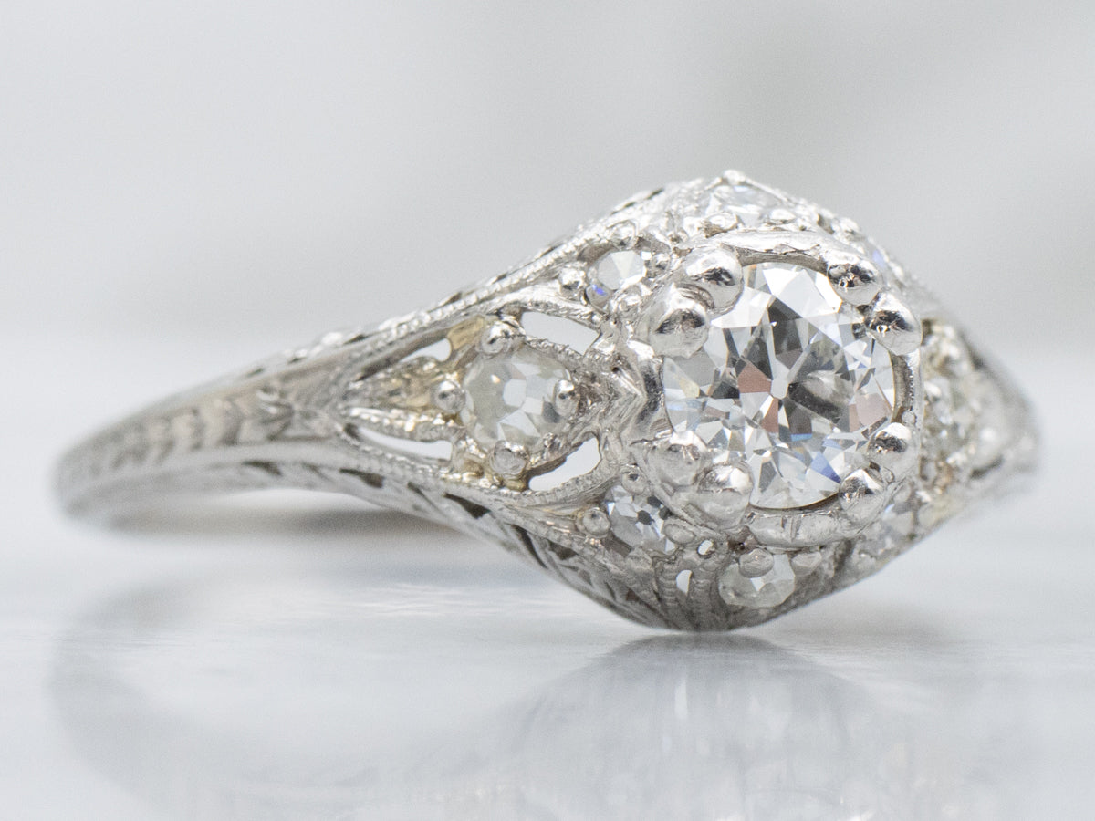 Antique Platinum and Old Mine Cut Diamond Engagement Ring