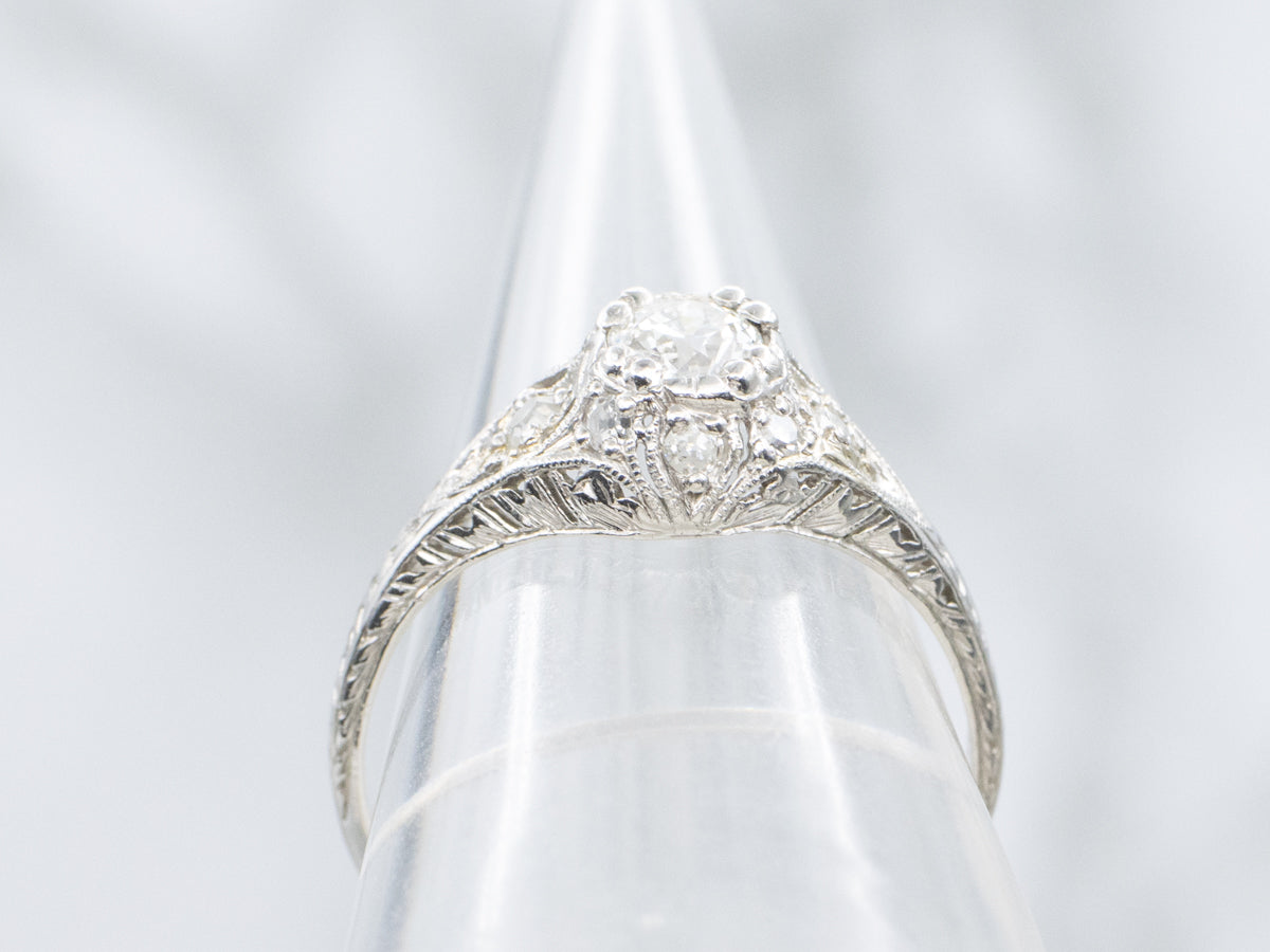 Antique Platinum and Old Mine Cut Diamond Engagement Ring