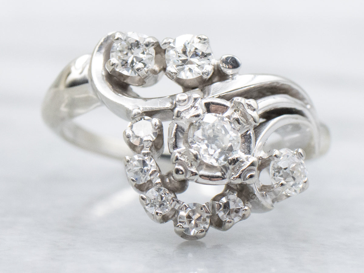 Vintage Old Mine Cut Diamond Scrolling Diamond Bypass Ring