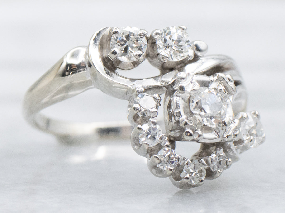Vintage Old Mine Cut Diamond Scrolling Diamond Bypass Ring