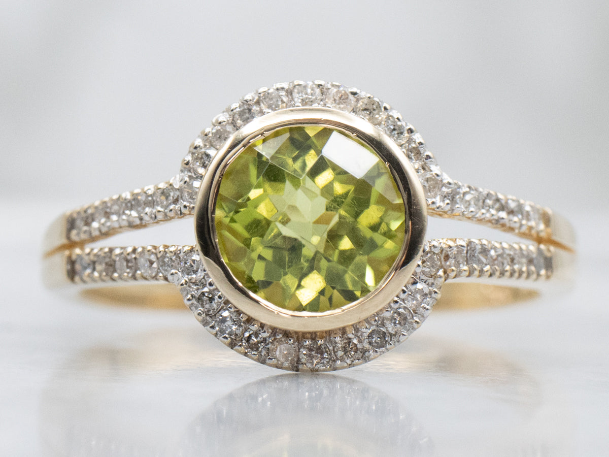 Modern Bezel-Set Peridot and Diamond Ring