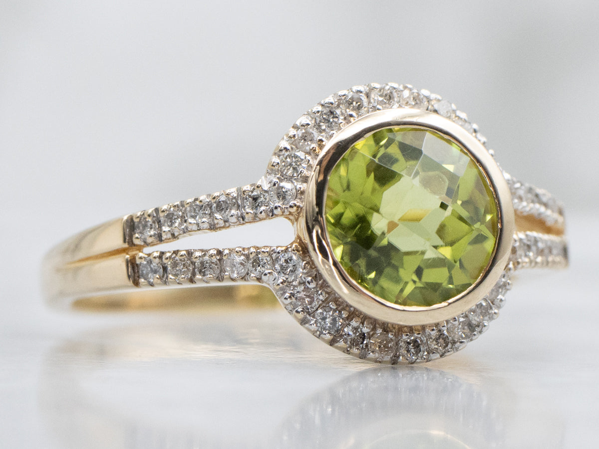 Modern Bezel-Set Peridot and Diamond Ring