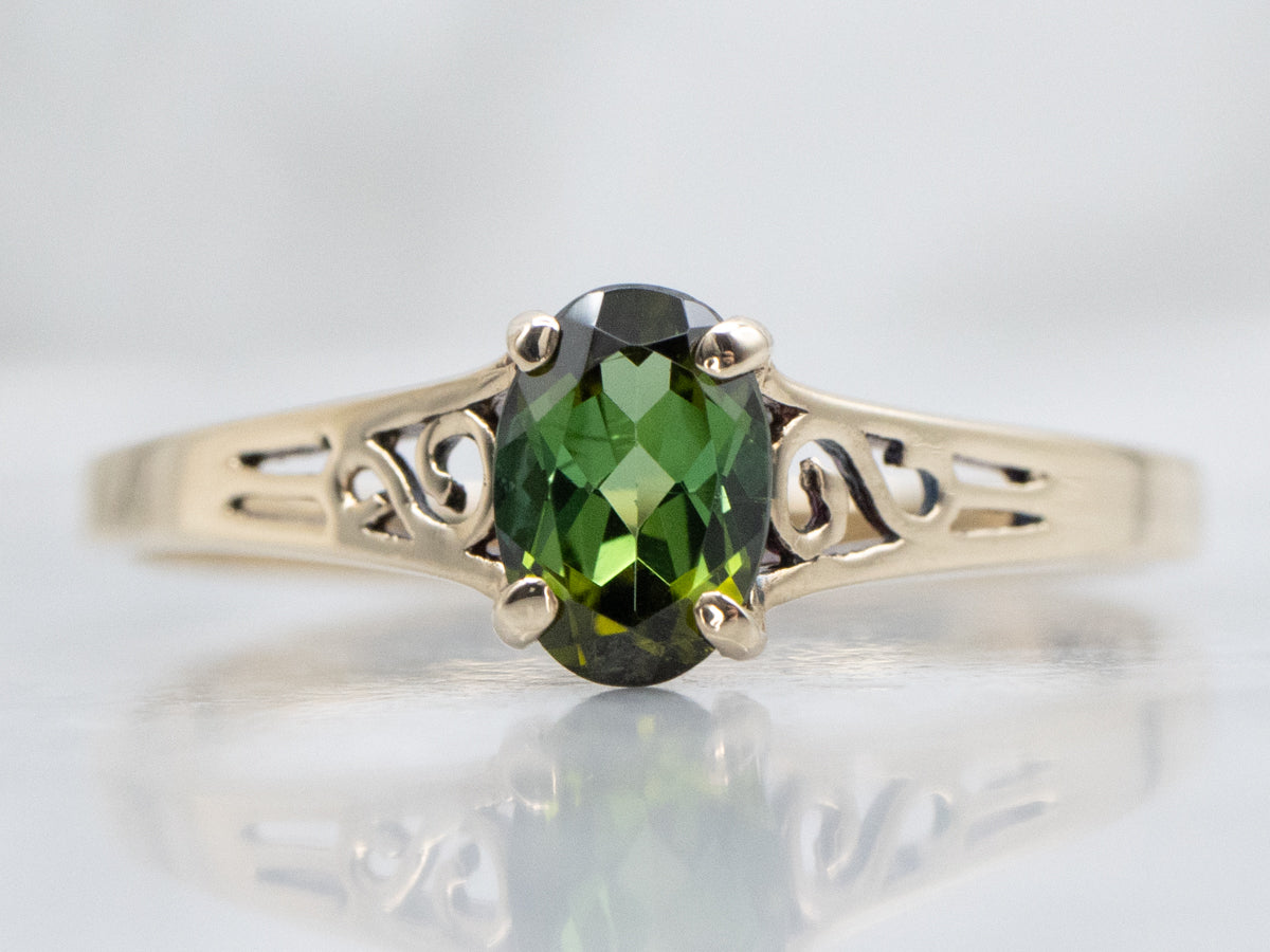 Scrolling Yellow Gold Green Tourmaline Solitaire Ring