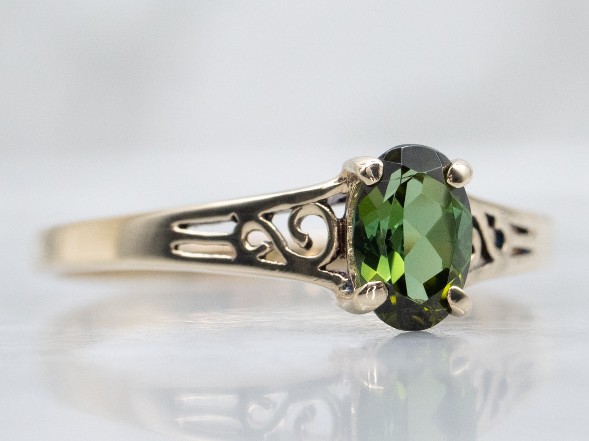 Scrolling Yellow Gold Green Tourmaline Solitaire Ring