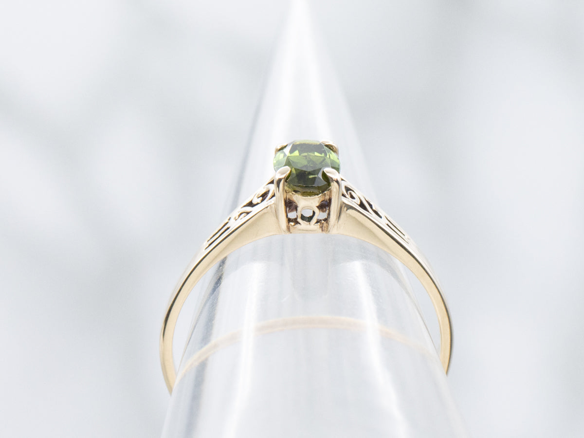 Scrolling Yellow Gold Green Tourmaline Solitaire Ring