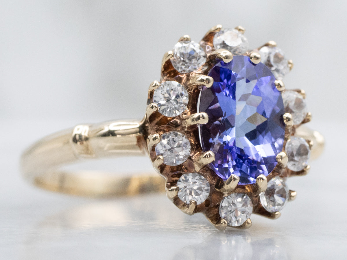 Vintage Tanzanite and Gold White Topaz Halo Ring