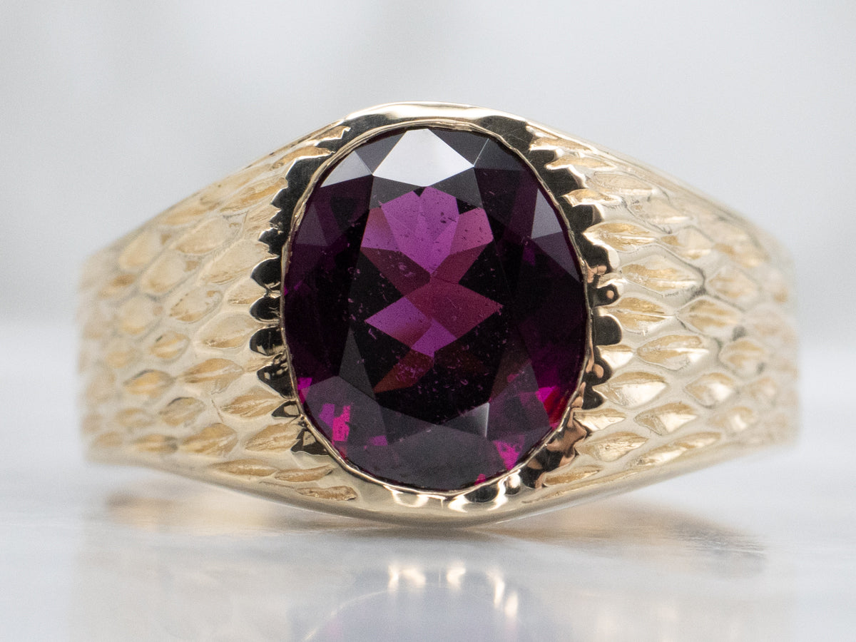 Bold Rhodolite Garnet Textured Gold Unisex Ring