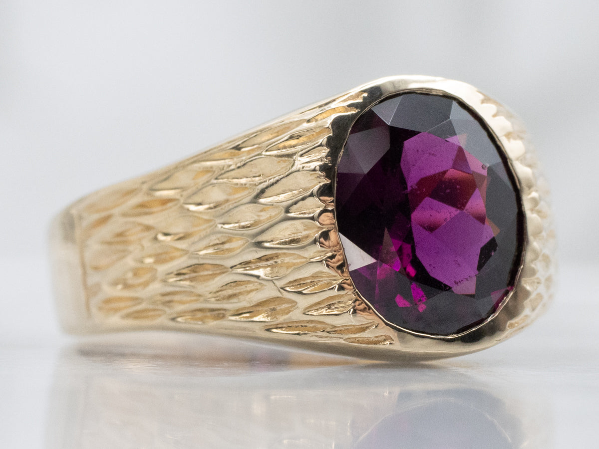 Bold Rhodolite Garnet Textured Gold Unisex Ring