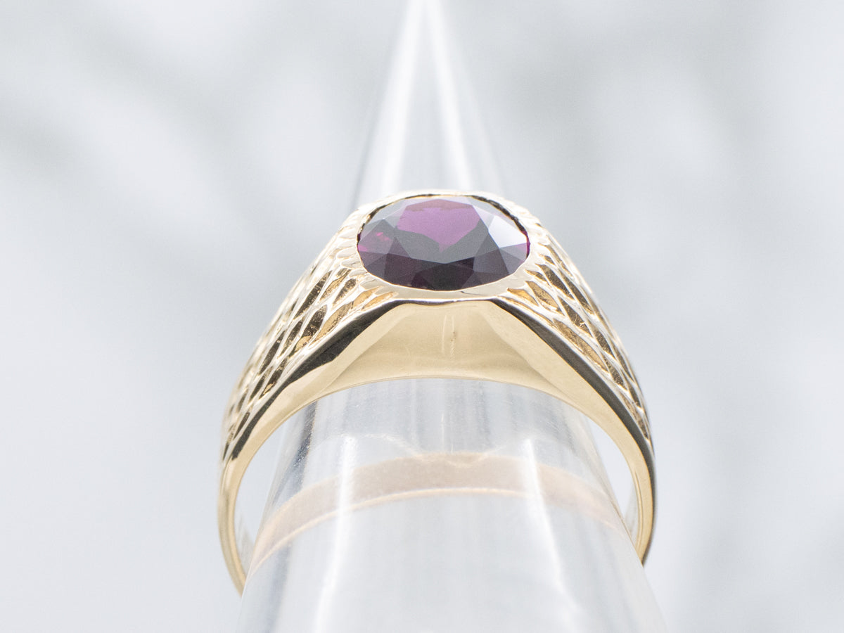 Bold Rhodolite Garnet Textured Gold Unisex Ring